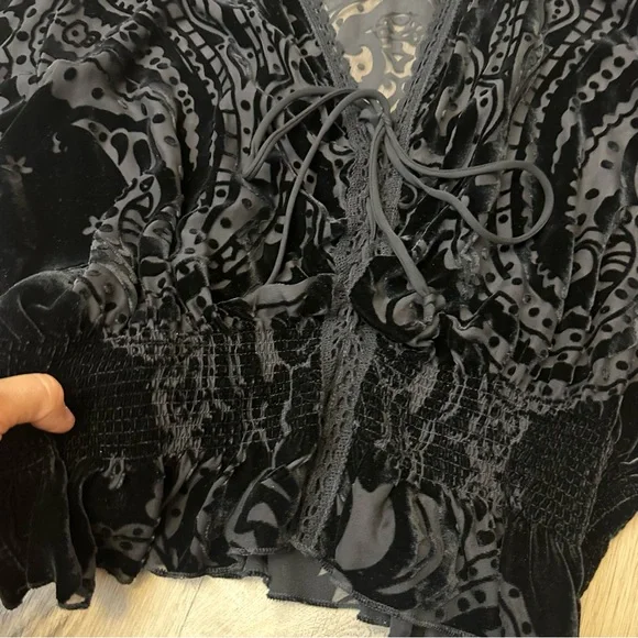 Johnny Was Black Velvet Semi Sheer Blouse with Embroidered Detailing - Picture 8 of 8